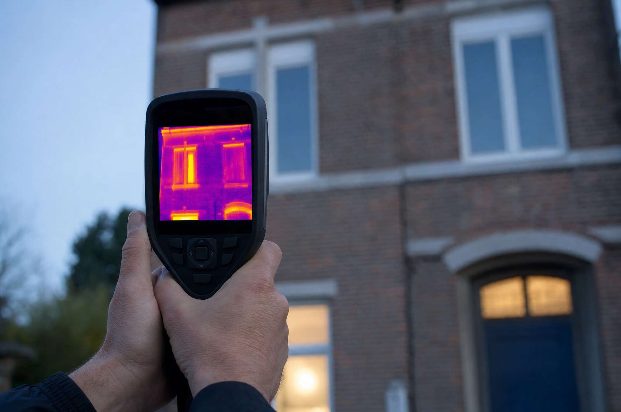 Mains tenant une caméra thermique dirigée vers une façade en briques au crépuscule