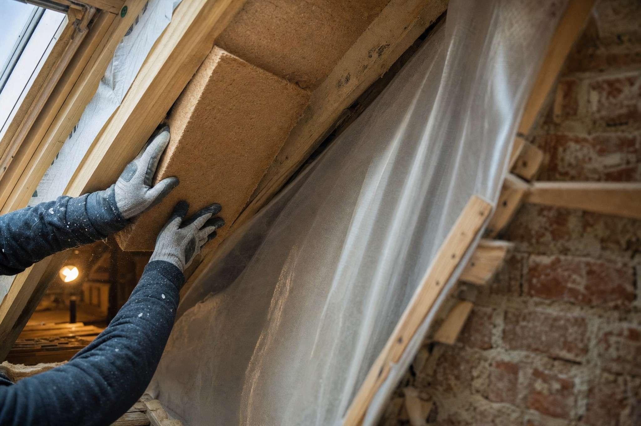 Panneaux isolants en fibre de bois posés entre les chevrons d’une toiture en rénovation