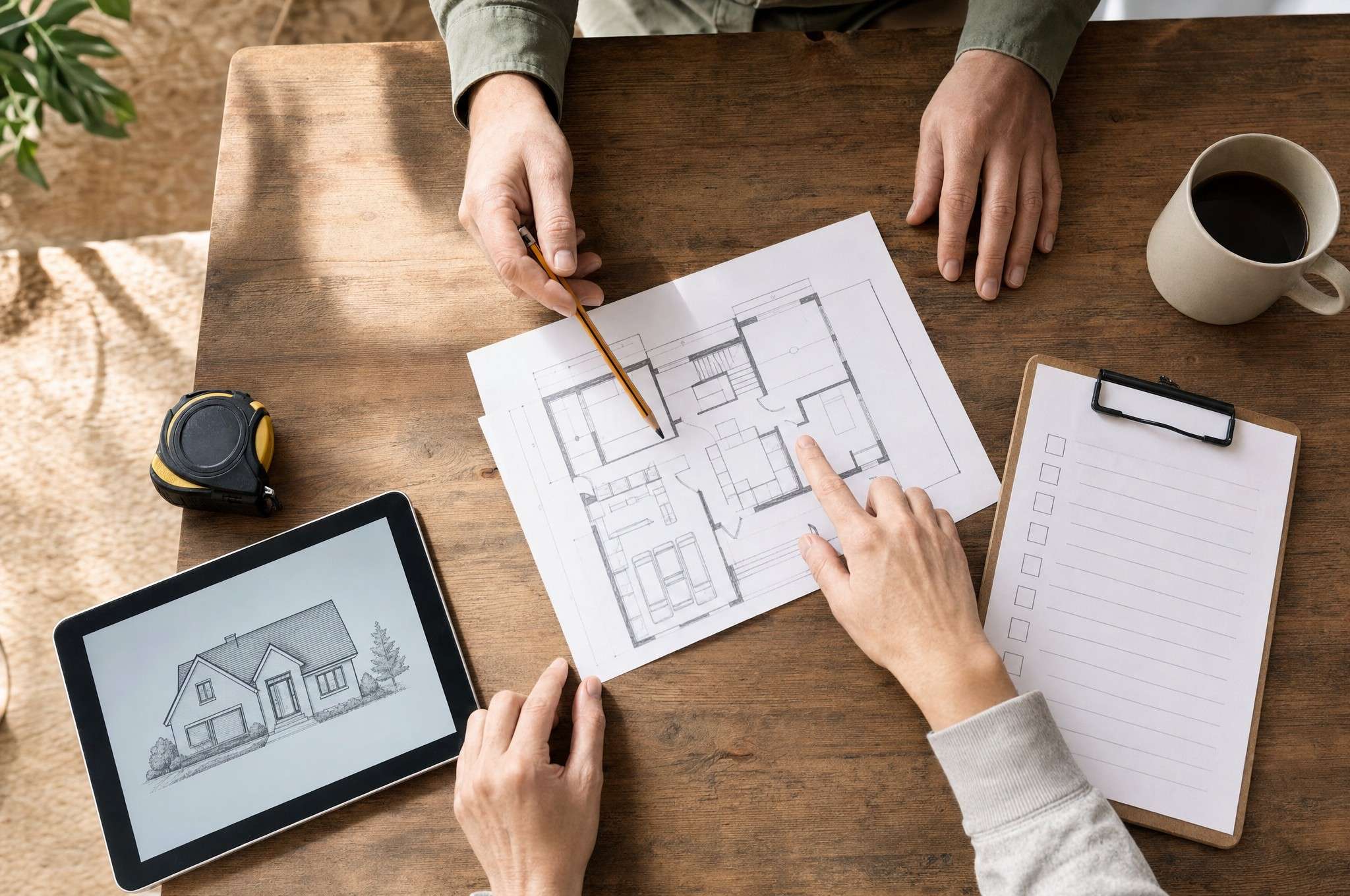 Mains posées sur un plan de maison et une liste de contrôle, sur une table de cuisine